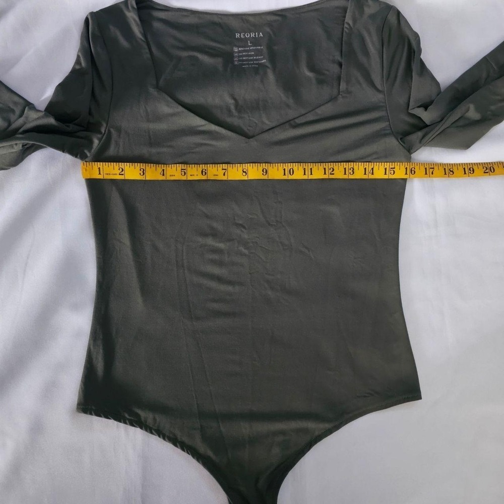 Reoria Women's Gray/Green Sweetheart Neck Long Sleeve Thong Bodysuit Size Large - Picture 6 of 8